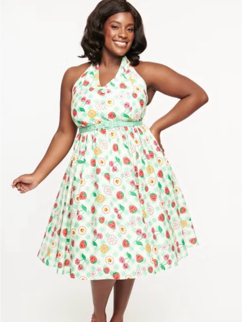 Unique Vintage Green Gingham strawberry daisy cherry skull pinup Dress Size 5X